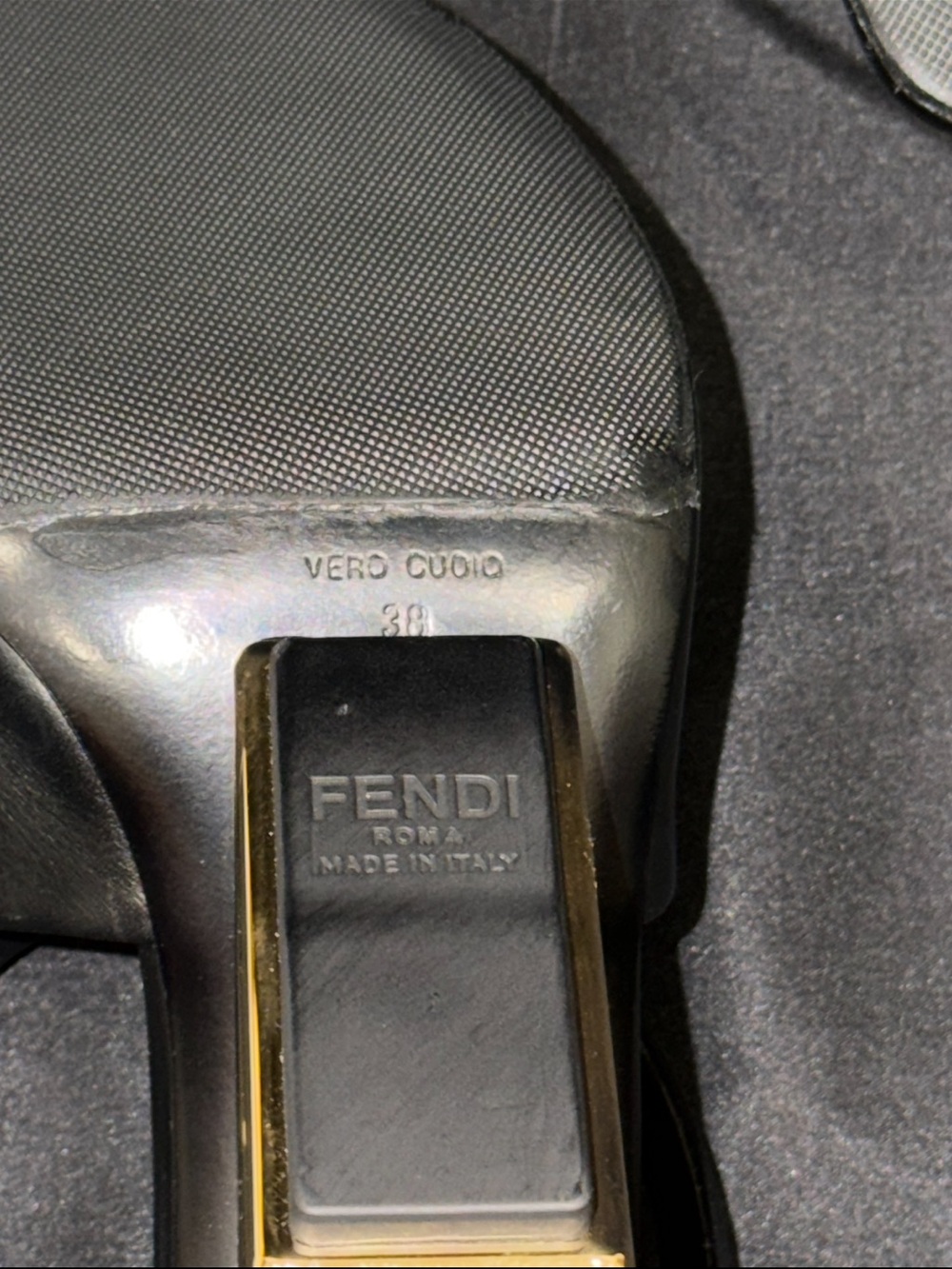 Authentic Fendi Black Leather Open-Toe Sandals with Sculptural Gold Heel - Picture 3 of 7